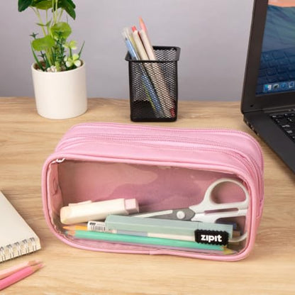 ZIPIT Half & Half Pencil Case for Girls, Aesthetic 3 Compartment Zipper Pouch for School, Stationery Bag for Teen and Adults, Pink - color: Light Pink