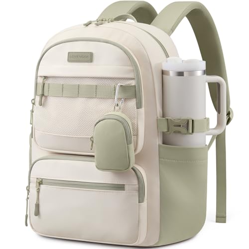 LOVEVOOK College Laptop Backpack, 17" Padded Daypack Trolley Sleeve, 14 Pockets, Waterproof Work Bag for Nurse Teacher Office Daily Commute with Accessory Pouch - color: Beige - Been Green, size: 17 Inch
