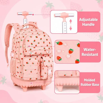 CCJPX Rolling Backpack for Girls, 3Pcs Roller Wheeled School Bookbag, Strawberryra Wheels Backpacks with Lunch Box for Kids (Pink) - color: Strawberry Pink