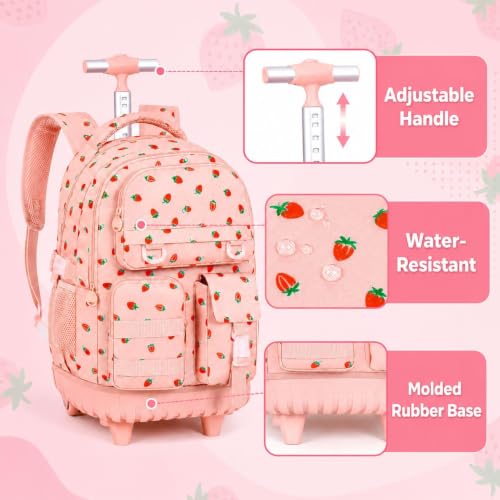 CCJPX Rolling Backpack for Girls, 3Pcs Roller Wheeled School Bookbag, Strawberryra Wheels Backpacks with Lunch Box for Kids (Pink) - color: Strawberry Pink