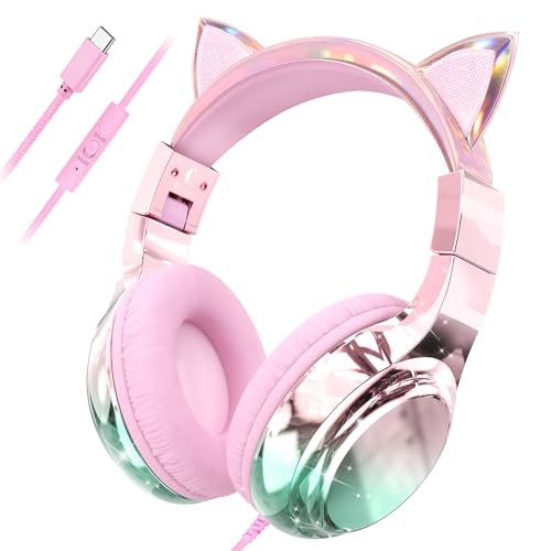 QearFun Kids Cat Ear Headphones with USB C for Girls with Microphone, 85/94dB Safe Volume Limiter, Tangle-Free Cord, Share Port, Foldable Sparkly Wired Headset for School, Travel, Tablet, iPad - color: Pink cat ears