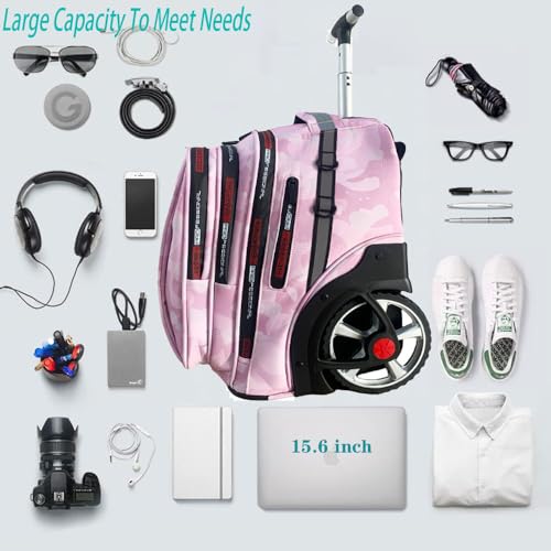 22 Inch Travel Rolling Backpack with Wheels for Women, Large Wheeled Backpacks with Large Capacity, Roller Bag with Laptop Waterproof Compartment (Pinkish)