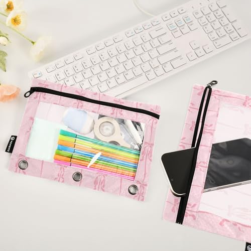 Pink Ribbons Bow Pencil Pouch for 3 Ring Binder 2 Pcs Binder Pouches with Zipper Pocket Pencil Case Bag with Clear Window for Office Work School Supplies - color: Pink Ribbons Bow
