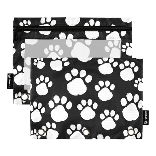 Pencil Pouch for 3 Ring Binder, White Black Paws Print Large Pencil Case Clear Window Pen Bag, Zipper Binder Pouch Accessories for Office School Supplies, 2 Pack - color: A003, size: 9.84 x 7.08 x 0.19 in