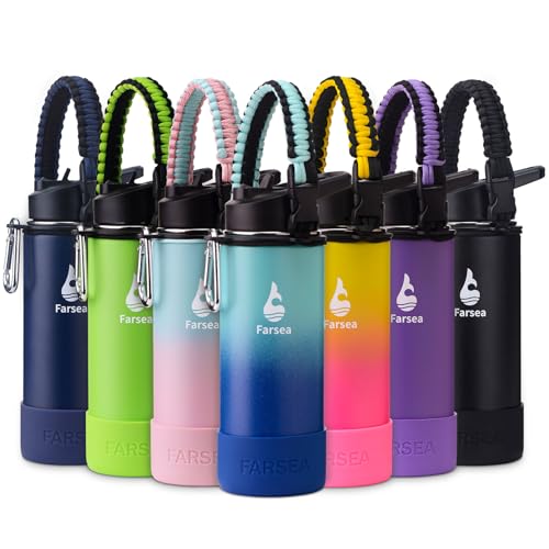 Farsea Insulated Water Bottle With Paracord Handle, Protective Boot and 2 Lids (Straw Lid & Spout Lid), Stainless Steel Water Bottle Wide Mouth, Double Wall Sweat-Proof BPA-Free, 18 oz - color: Ocean, size: 18 Ounces