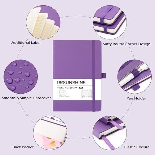Ruled Notebook/Journal - Classic Lined Journal/Notebook, 5.3'' x 8.26'', Hardcover with Thick Paper, Banded + Pen Holder +Inner Pocket - Lavender - color: Lavender, size: Ruled