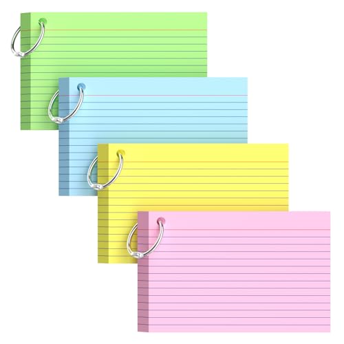 160-Pack Colored Index Cards 4x6 Inch w/Key Ring – 180gsm Heavyweight Flashcards – 4 Vibrant Colors Flash Cards (Pink Blue Green Yellow) Perfect for Study, Notes & Memory, Students School Supplies - color: 4x6" 4 Assorted color