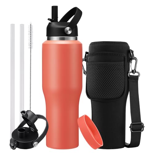 32 oz Insulated Water Bottle - Cold 48H & Hot 24H, Leak-Proof T-shpaed Metal Flask with Carry Strap, Protective Boot, BPA Free Vacuum Hydro 32 Ounce Thermal Cup for Adults Men Women - color: Coral Orange, size: 32 Ounces