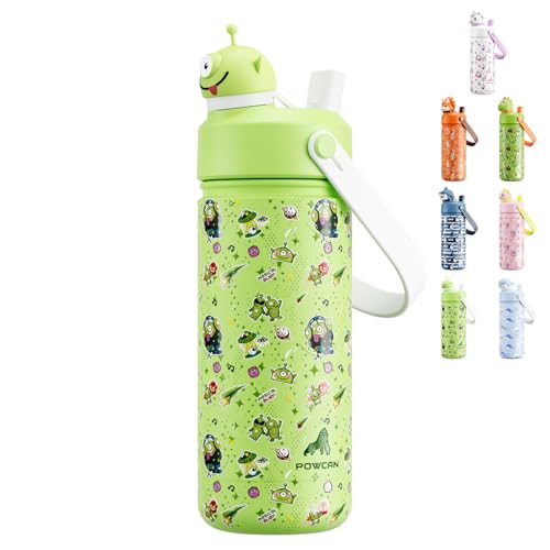 POWCAN 18 oz Insulated Water Bottle for School: 2-in-1 Straw Spout Lid with Soft Animal Head, BPA-Free, Leakproof, Keep Cold 24H, Easy Carry, Stainless Steel Cup for Boys, Girls, Kids (Alien Party) - color: Alien Party, size: 18 Ounces