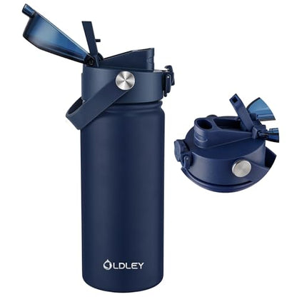 OLDLEY 18oz Insulated Water Bottle with 2-in-1 Straw & Chug Lid, Leakproof Stainless Steel Bottle, Cup Holder Friendly Vacuum Water Bottle for Travel, and School,Navy - color: Navy