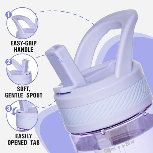 OLDLEY 20oz Kids Water Bottle with Straw, BPA-Free Tritan Water Bottle for School, Leakproof Clear Water Bottle with One Click Open, Measurement Scale, Cup Holder Friendly for Boys Girls,Purple - color: Purple