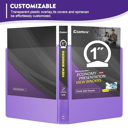 COMIX 3 Ring Binder 1 inch with Clear View Cover, 1" View Binder Holds 200 Sheets of US Letter Size Paper, 6 Pack (Purple) - color: Purple, size: 1 inch, style: 6-Pack