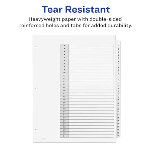 Avery 1-31 Dividers for 3 Ring Binders, 31 Tabs per Set, Customizable Table of Contents, Classic White Tabs, Great for Organizing Reports, Projects, and More (11128) (Pack of 12) - size: One Size (Pack of 12), style: 1 Set