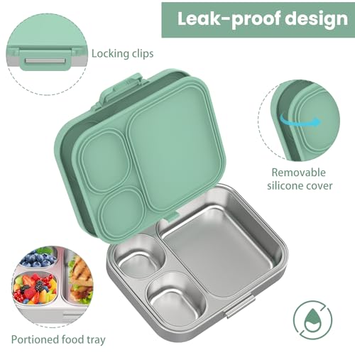 Pawtong Stainless Steel Bento Lunch Box for Kids | 3-Compartment Lunch Box Container Kids | 100% Leakproof, Eco-Friendly, Perfect Portion Control for Kids&Adult Healthy Meals (Green) - color: Green