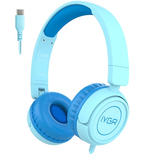 K6C Kids Headphones with USB-C, for Toddler & Kids Ages 2-12, 85dB Safe Volume Limited, Adjustable Headband & Foldable Wired, On-Ear Headphones for School, Travel, Tablet, iPad - color: Cyan