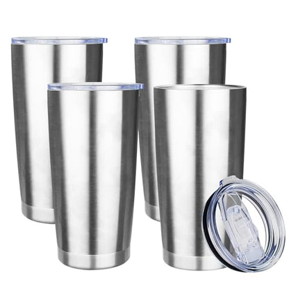 20oz Tumbler with Lid Stainless Steel Insulated Tumblers Travel Coffee Tumbler Bulk Double Wall Vacuum Insulated Water Cup Gifts for Christmas Women Men Her Him Home Office(Silver, 4pack) - color: Silver 4