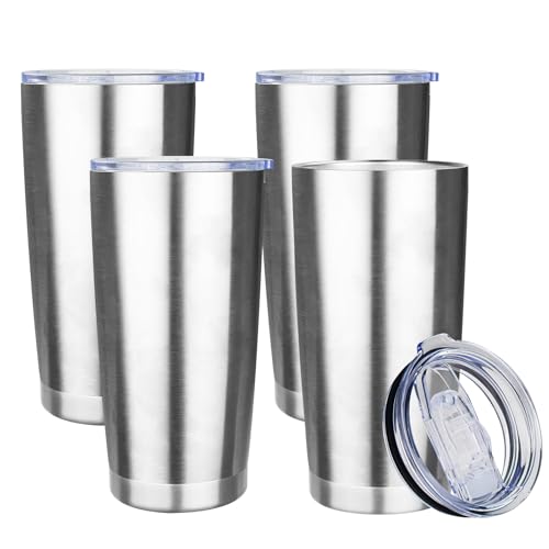 20oz Tumbler with Lid Stainless Steel Insulated Tumblers Travel Coffee Tumbler Bulk Double Wall Vacuum Insulated Water Cup Gifts for Christmas Women Men Her Him Home Office(Silver, 4pack) - color: Silver 4