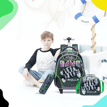 Meetbelify Rolling Backpack with Wheels for Boys Rolling Backpacks with Lunch Box for Elementary School Students Kids 3 in 1 Travel Luggage Carry on Suitcase for Boys Age 8-10 - color: 02 Green Game