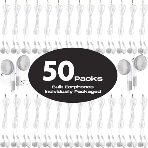 Kanayu 100 Pack Earbuds Bulk Earphones for Classroom, Student Wired Earbuds Headphones Without Mic, Earphones Bulk for Adults School Library Laptop, Individually Bagged (White) - color: White