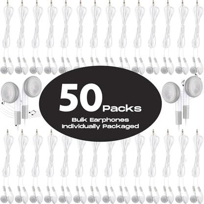 Kanayu 100 Pack Earbuds Bulk Earphones for Classroom, Student Wired Earbuds Headphones Without Mic, Earphones Bulk for Adults School Library Laptop, Individually Bagged (White) - color: White