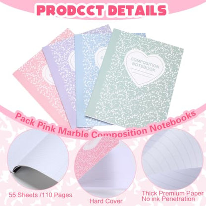 Tenceur 4 Pack Pastel Composition Notebook College Ruled Bulk Marble Composition Notebook Preppy Aesthetic for Back to School Supplies 110 Page 7-1/2" x 9-3/4" Journal for First Day of School Student