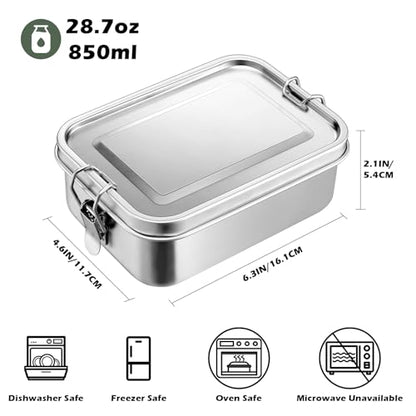 Leonyo 18/10 Stainless Steel Bento Box 28oz, 850ml Metal Lunch Box with Removable Divider, 3 Compartments Stainless Steel Food Snack Lunch Containers for Woman Man, Leak-Proof, Dishwasher Safe - size: 850ML