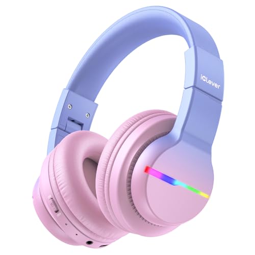 iClever BTH12 Kids Bluetooth Headphones,Colorful LED Lights,74/85dBA Safe Volume,85H Playtime,Fast Charging,Bluetooth 5.2,Over Ear Kids Headphones Wireles for iPad/Tablet/Airplane, Gradient Pink - color: Gradient Pink