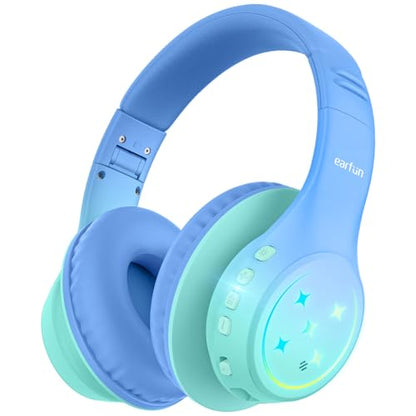 EarFun K4 Kids Bluetooth Headphones, Wireless Headphones with LED Lights | 74/85/94dBA Volume Limited, Built-in Mic, 90H Playtime, Bluetooth 5.4 Over Ear Headphone for iPad/Tablet/PC/School, Green - color: Green