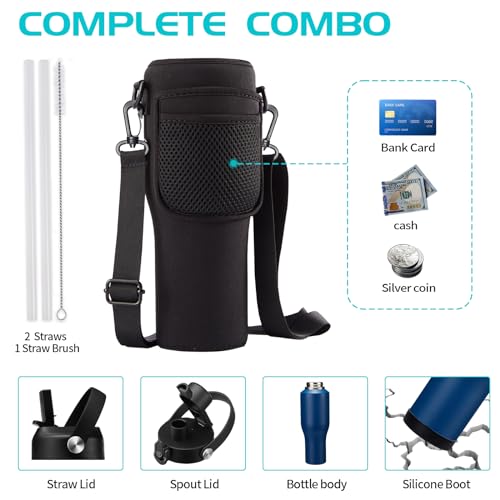 40oz Insulated Water Bottle that fits in Cup Holder - Water Cup with Spout Lid, Straw, Sleeve with Side Handle, Vacuum Stainless Steel Travel Tumbler Keep Cold 48h/Hot 24h - color: Navy Blue, size: 40 Ounces