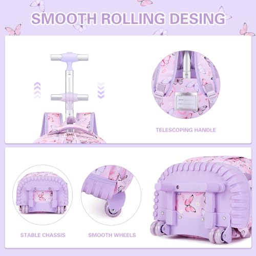 DIGOBAY Rolling Backpack for Girls, Cute Girls Backpack with Wheels, Kids Wheeled backpacks Set with Lunch Bag Pencil Case for Teen Girl, Roller School Bag with Wheels for Elementary Middle School - color: Butterfly