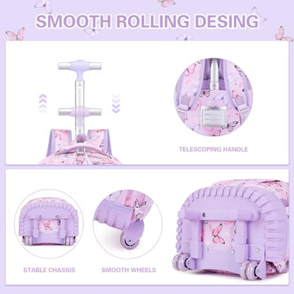 DIGOBAY Rolling Backpack for Girls, Cute Girls Backpack with Wheels, Kids Wheeled backpacks Set with Lunch Bag Pencil Case for Teen Girl, Roller School Bag with Wheels for Elementary Middle School - color: Butterfly