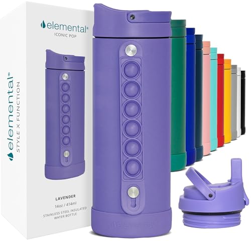 Elemental Iconic Kids Water Bottle for School - 100% Leak-Proof Insulated Water Bottles with Straw Lid & Pop-It Handle for Boys & Girls - Triple-Wall Insulated & BPA-Free, 14oz – Lavender - color: Lavender, size: 14 Ounces