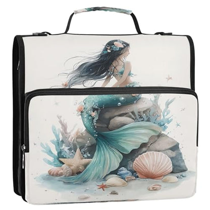 3 Ring Zipper Binder Mermaid Seashell Binders Bag with Shoulder Strap 500 Sheets Paper Organizer Trapper Keeper Documents Storage File Folder for School Office - color: A2848