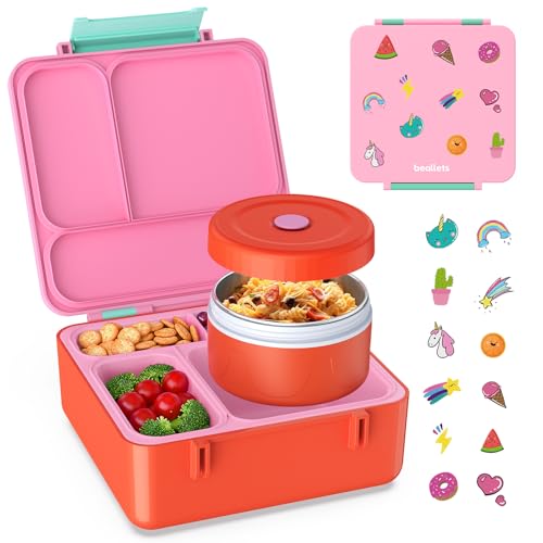 Bento Box for Kids, Lunch Box with Sticker and Leak-Proof Vacuum Food Jar, 4 Compartment BPA-Free Toddler Bento Box for School, Machine-Washable and Removable Compartments for Boy(Pink) - color: Pink