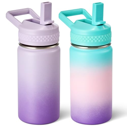 Fijinhom 12 oz Toddler Bottle, 2 Pack Kids Water Bottle for School Boys & Girls with Straws Lids, 304 Stainless Steel Vacuum Insulated Thermos, BPA-Free, Aurora + Gradient Purple - color: AA.Aurora & radient Purple