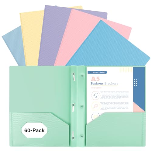 60-Pack Plastic andPockets and Prongs,2-Pocket and3 Fasteners, Holds 8-1/2" x 11" Paper for School/Office/Home, Pastel Color - color: Mult-colored, size: 60-Pack