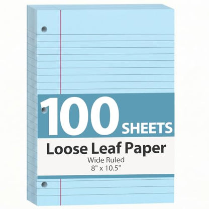 HIBOX Loose Leaf Paper Wide Ruled, 100 Sheets 8"x10.5", 3-Hole Punch, Blue | Anti-Bleed, 11/32" Spacing, Filler Paper for Binders, College, Office, School Supplies, Back to School & Classroom Must Haves - color: blue