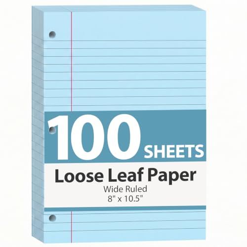 HIBOX Loose Leaf Paper Wide Ruled, 100 Sheets 8"x10.5", 3-Hole Punch, Blue | Anti-Bleed, 11/32" Spacing, Filler Paper for Binders, College, Office, School Supplies, Back to School & Classroom Must Haves - color: blue