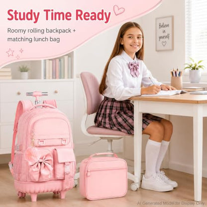 3Pcs Rolling Backpack for Girls Women, School Kids Roller Bookbag with Wheels, Wheeled Backpacks Set for Elementary (Pink) - color: Bow Pink