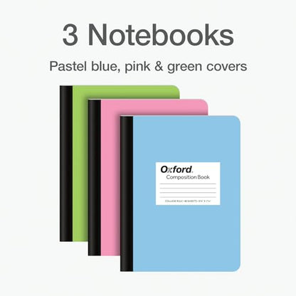 Oxford Composition Notebooks, 9-3/4 x 7-1/2 Inch School Journals, College Ruled Paper, Pastel Color Covers, 100 Sheets per Book, (1002520), 3 Count (Pack of 8) - size: 3 Count (Pack of 8)