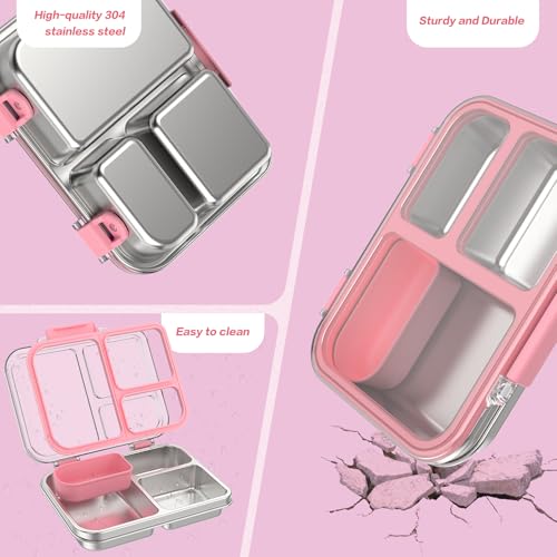 Stainless Steel Bento Box for Kids, 3-Compartment Metal Lunch Box with Clear Lid & Removable Silicone, Lunch Box Kids with Silicone Inner Container for Meal Prep, School, Office (Pink) - color: Pink