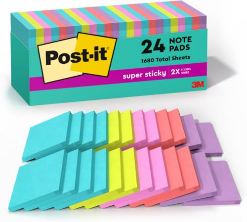 Post-it Super Sticky Notes, 24 Sticky Note Pads, 3 x 3 in., Ideal for Organization in Your Dorm, Home or Office, 2X The Sticking Power, Supernova Neons Collection (Pack of 8) - size: 7.4" x 3.2" (Pack of 8)