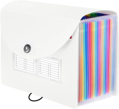 Sooez 24 Pockets Expanding File Folder with Blank Labels, According File Organizer with Expandable Cover, Desktop Accordion Folders Letter A4 Paper Document Storage Organizer, White - color: White