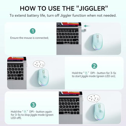 TECKNET Wireless Mouse Jiggler, Rechargeable Mouse with Built-in Mouse Mover, 6 Adjustable DPI & 14 LED Modes, Silent Click, Undetectable Random Movement Keeps Computer Awake for Laptop/PC/Mac- Green - color: Green