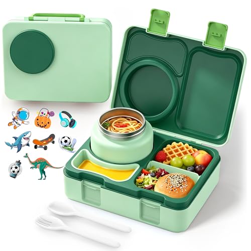 Bento Box for Kids, Leakproof Kids Bento Lunch Box Container with 8oz Insulated Thermo Food Jar, Sauce Jar, Utensil, DIY Stickers for School Boys Girls, 3-4 Compartments, BPA-Free - color: Light Green