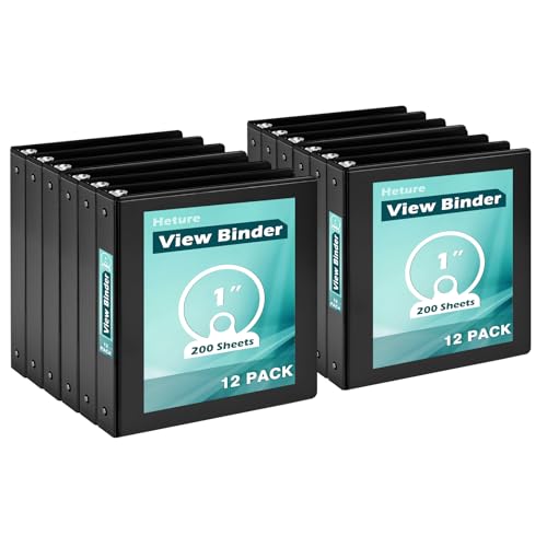 Heture 3 Ring Binder 1 Inch 12 Pack, 1" Clear View Round-Ring-Binder, PVC-Free,Holds for 200 Sheets 8.5" x 11" US Letter Size Paper, Durable Black Binders Perfect for Office,School and Home - color: Black, size: 1 Inch