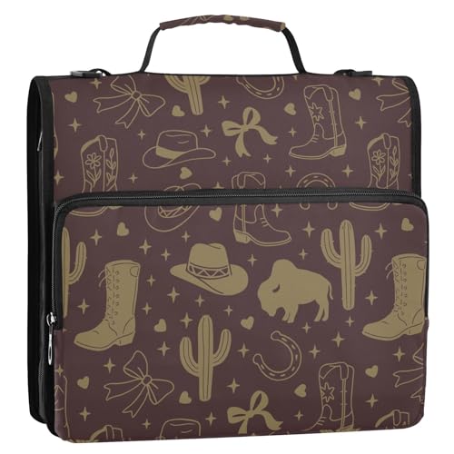 Zipper Binder Bag 3 Ring File Folder Portfolio Organizer Zippered Binder Bags with Strap Fits Laptop Women Men - color: 31-western Cowgirl Dark Brown
