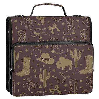 Zipper Binder Bag 3 Ring File Folder Portfolio Organizer Zippered Binder Bags with Strap Fits Laptop Women Men - color: 31-western Cowgirl Dark Brown