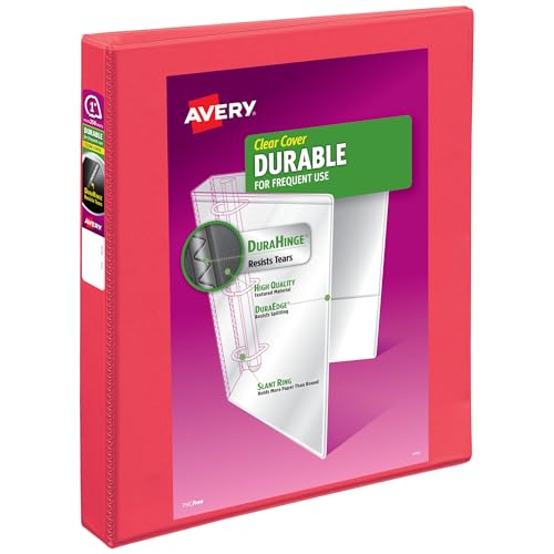 Avery Durable View 3 Ring Binder, 1 Inch Slant Rings, 250-Sheet Capacity, DuraHinge, 1.4 Inch Wide Spine, Customizable Clear Covers and Spine, 1 Bright Coral Pink Binder (17293) - color: Coral, size: 1"