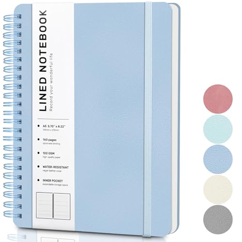 Lined Spiral Journal Notebook, A5 Hardcover Leather Notebook for Work, 5.7''×8.2'', 100GSM Thick Paper Spiral Bound Journaling Notebook for Women Men Office School Note Taking Business, Morandi Blue - color: Morandi Blue, size: A5